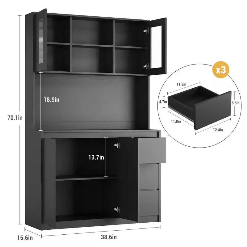 COZONY 71 Tall Kitchen Storage Hutch with LED Lights & Charging Station, Adjustable Corner Pantry Cabinet with Microwave Shelf for Optimal