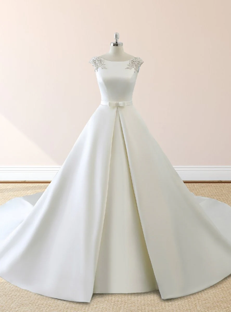 White Satin Cap Sleeve Lace-Up Wedding Dress With Pearls