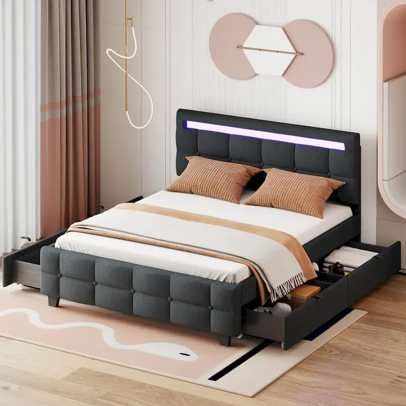 Grey/Beige Queen Upholstered Platform Bed with LED Frame & 4 Drawers, For 2