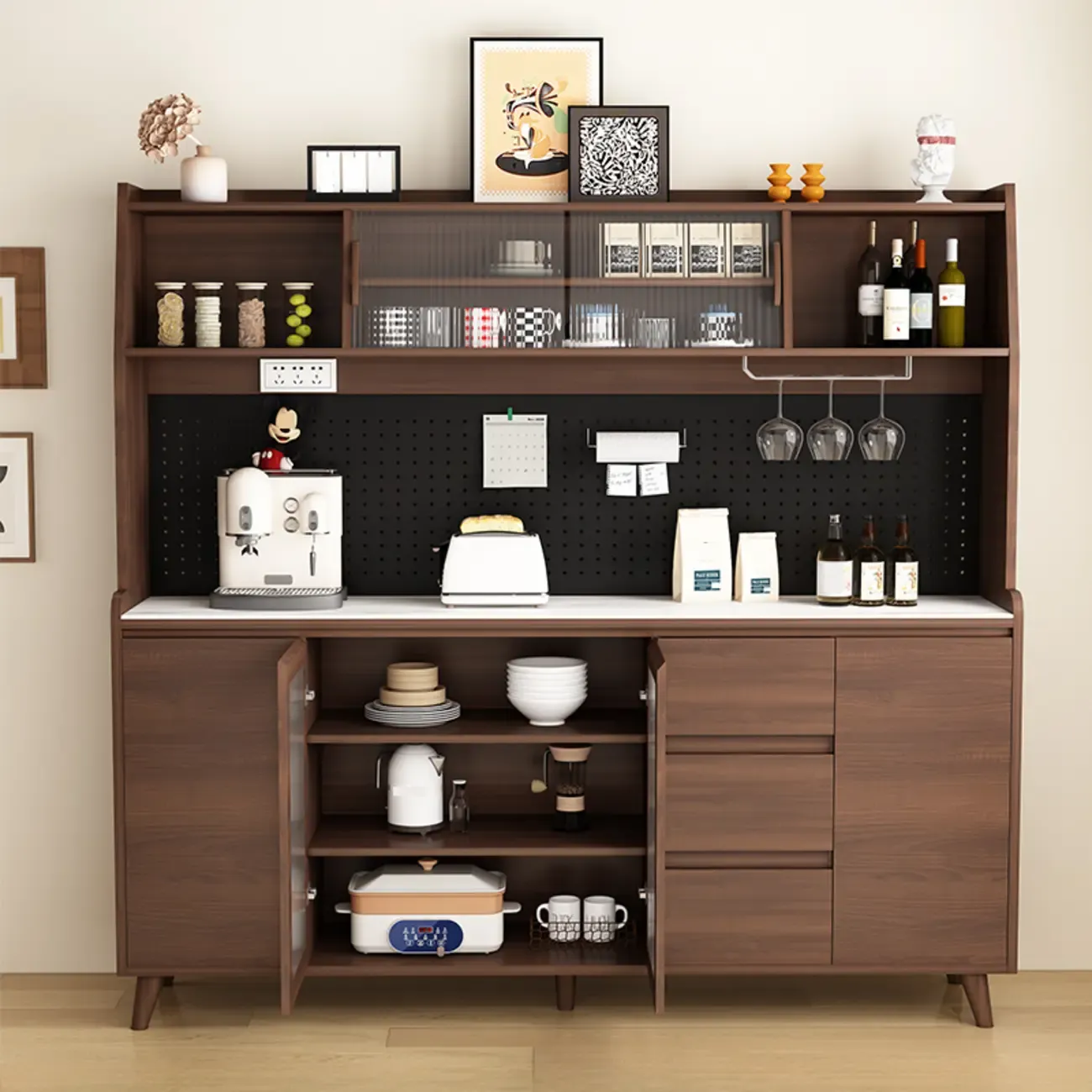 Wide Brown Wooden Pegboard Back Sideboard with Hutch
