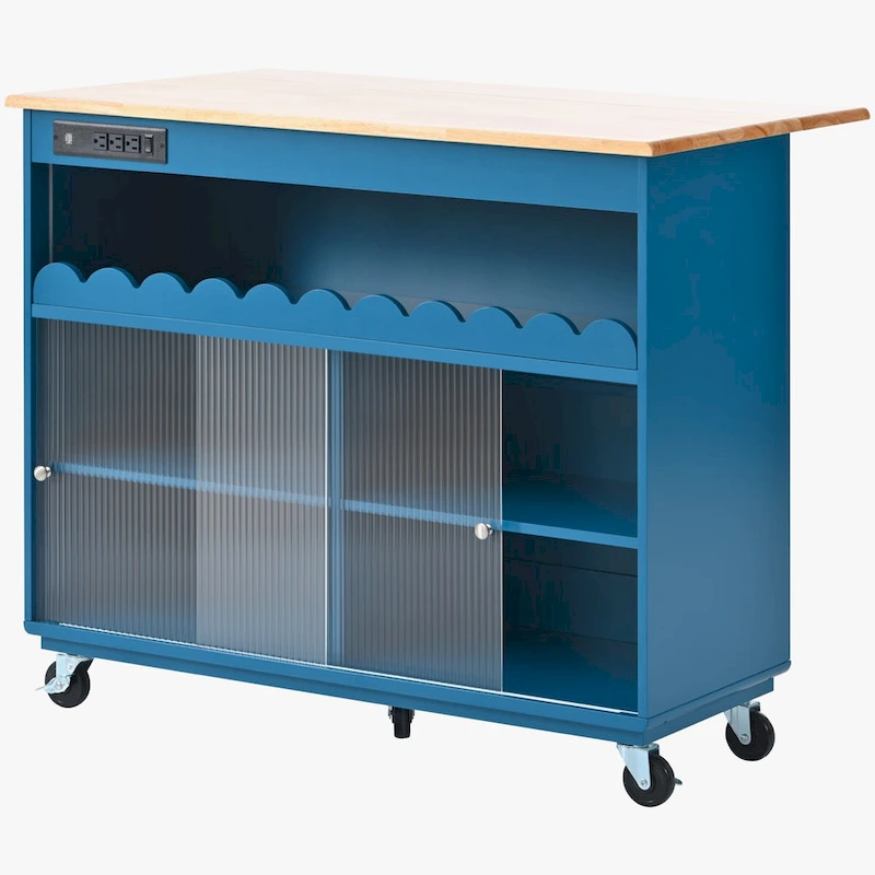 44 in. W Kitchen Island Rubberwood Drop-Leaf Countertop on 5 Wheels with Open Shelf and Wine Rack - 44