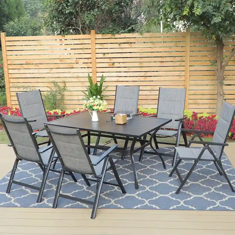 7-Piece Patio Dining Set of Foldable & 7-Angle Adjustable Padded Patio Dining Chairs and 3 Kinds of Patio Tables
