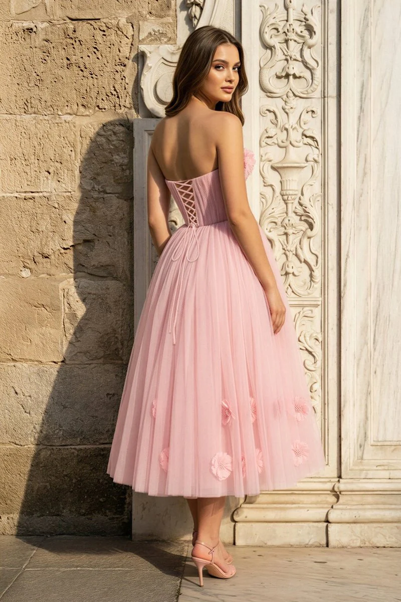 Princess Strapless Light Pink Prom Dress with Flowers