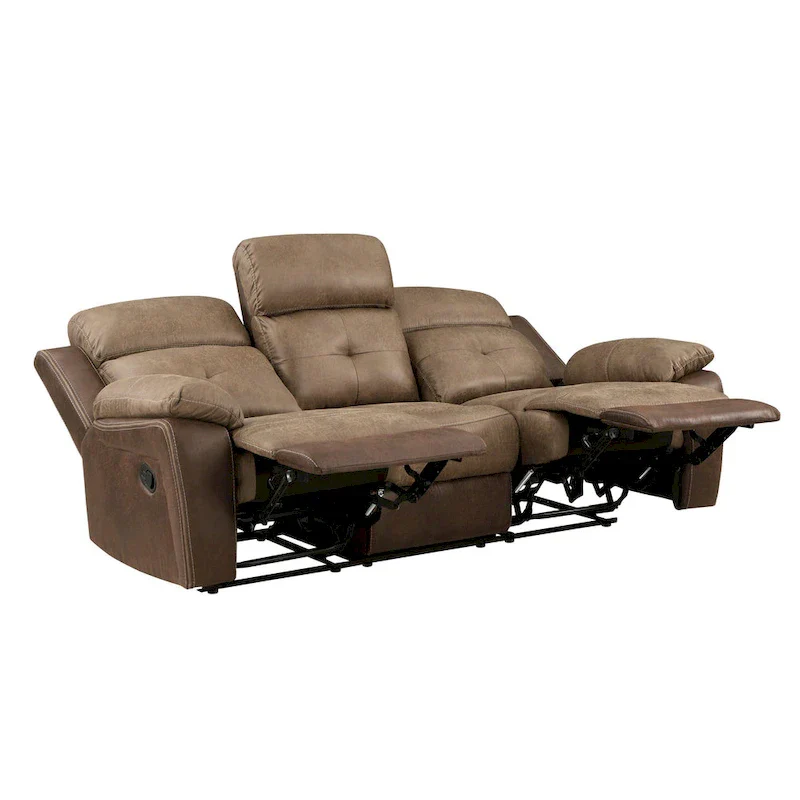 Emma 84 Inch Double Manual Recliner Sofa, Soft Brown Microfiber, Solid Wood