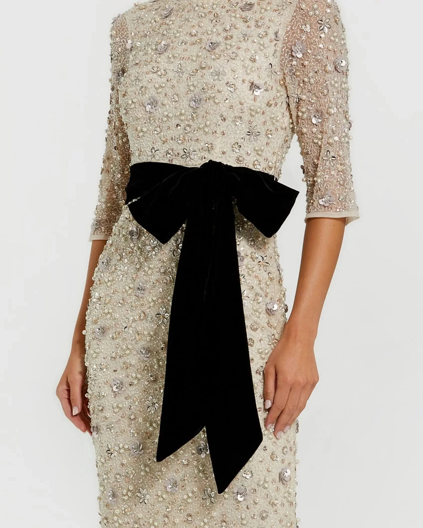 Ivory 3/4 Sleeve Embellished Column Gown with Velvet Bow Belt