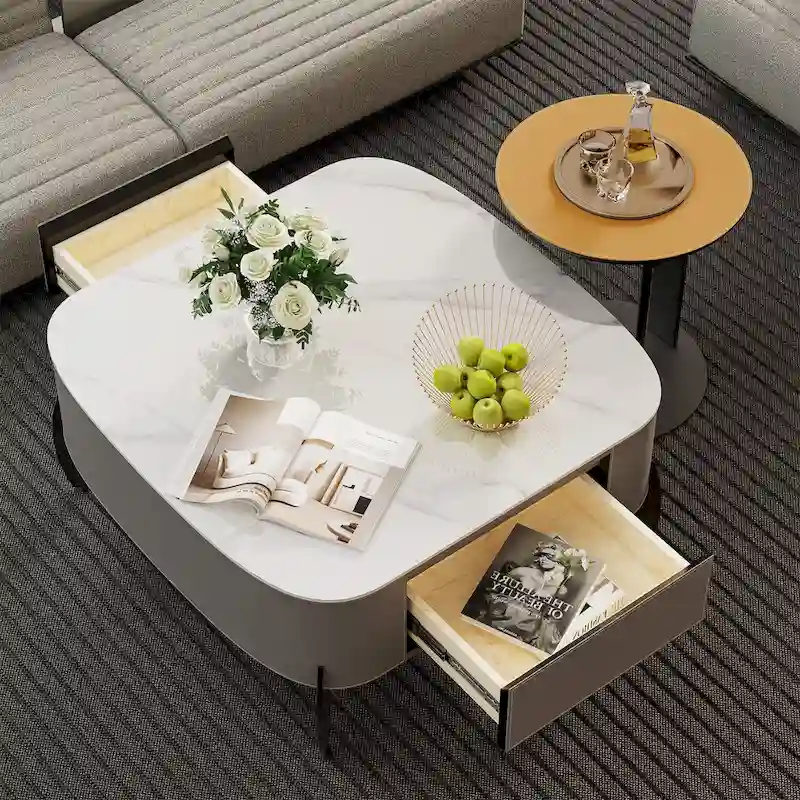 Modern Square Coffee Table with 2 Drawers,White End Table 31.5 Mecha Styling ( large/small tables Separate for sale)