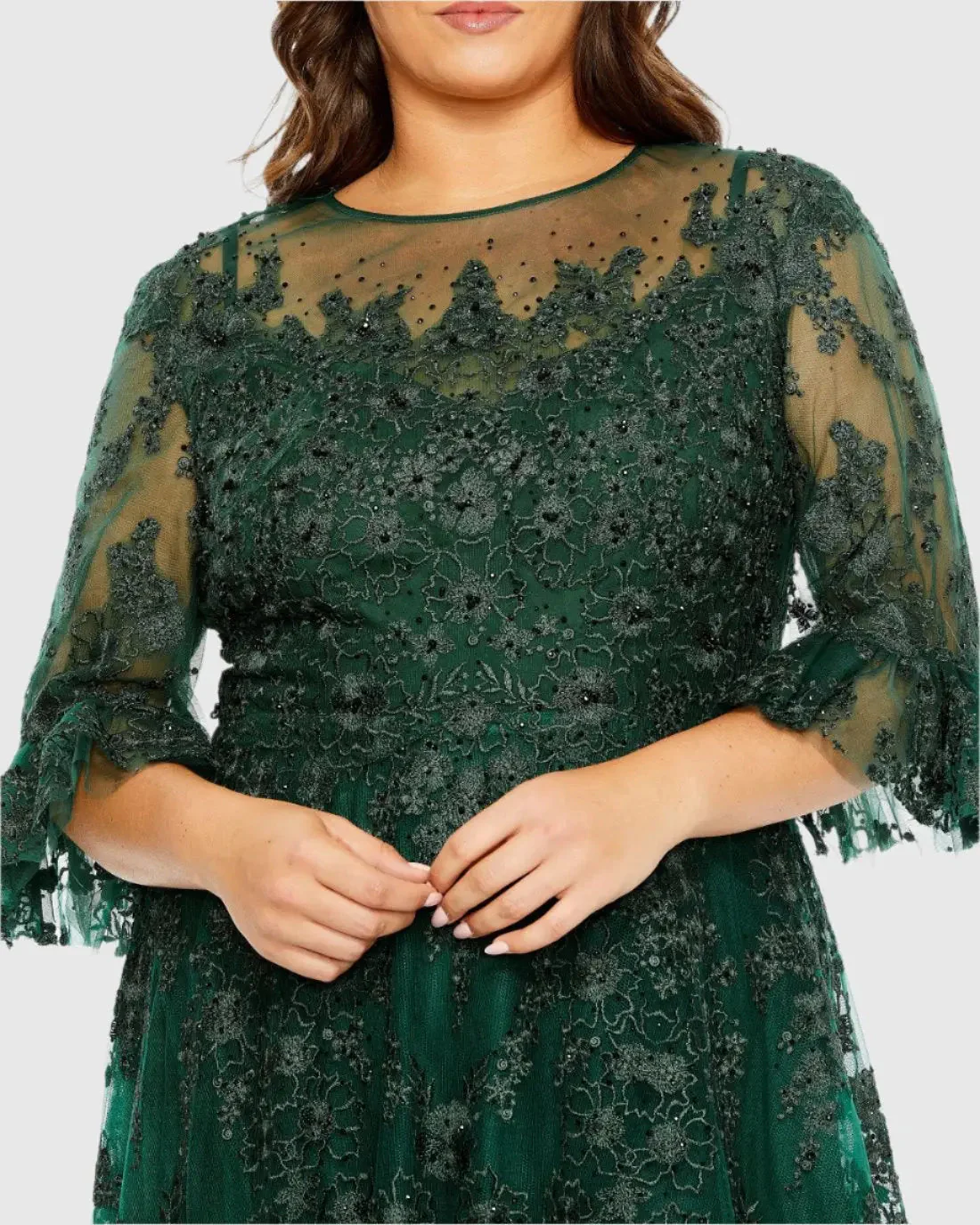Green High Neck Flutter Sleeve Embroidered A Line Gown (Plus)