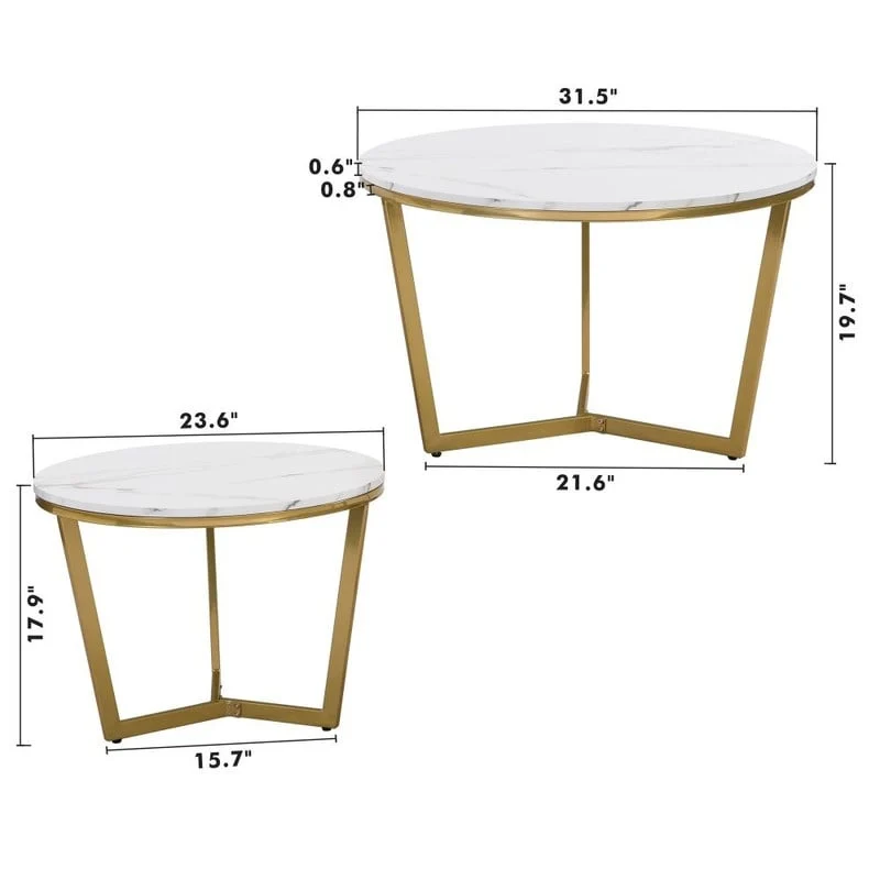 2Pcs Modern Round Nesting Coffee Table Set with Marbling Top Design and Gold Base