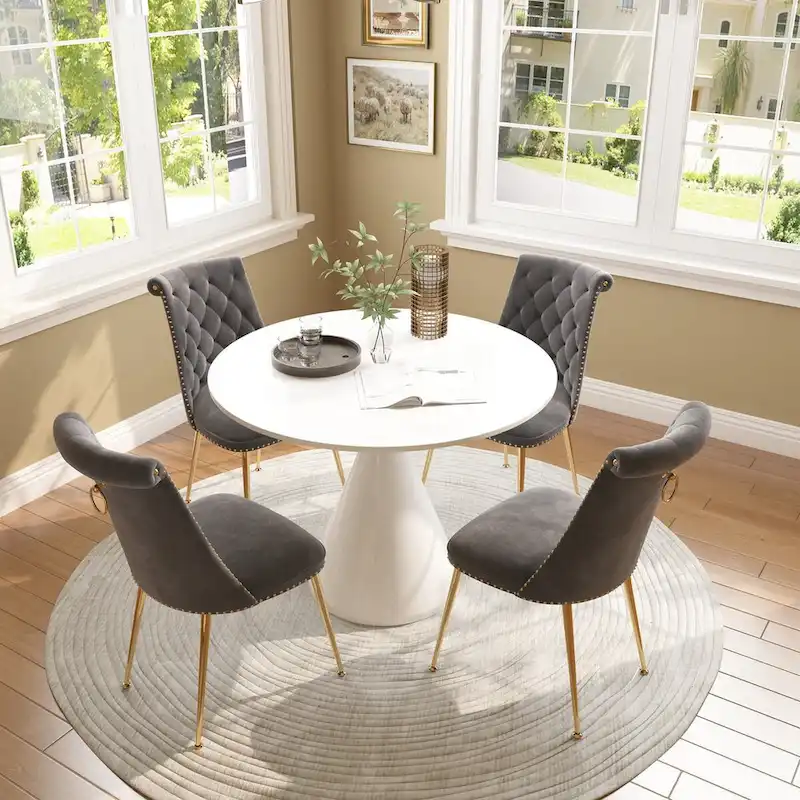 48  Light Luxury White High Gloss Large Countertop Dining Table with Velvet Dining Chair Set