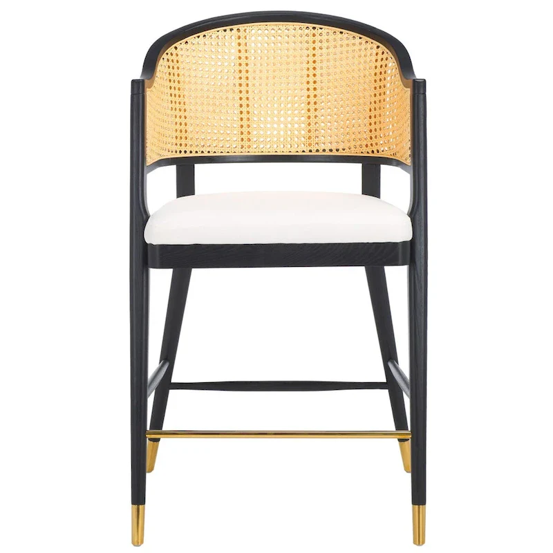 Black/Natural / Natural Rattan Back Barstool with Linen Seat, 27 Inch, 1-Person