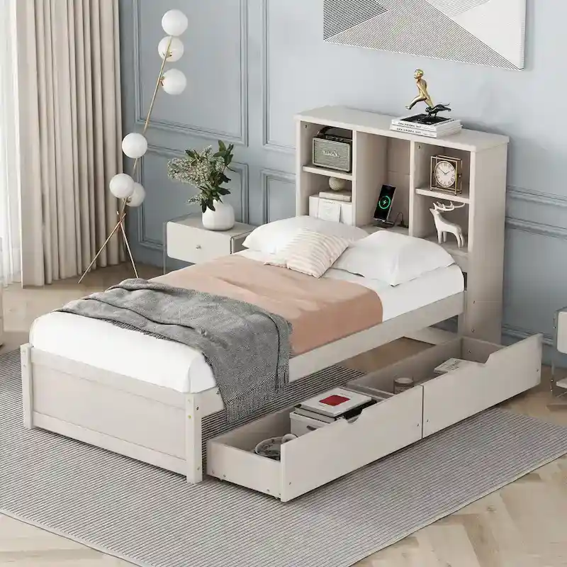 Walnut / Grey / White Washed Twin Size Bed with Bookcase Headboard, USB Port & 2 Drawers – Single