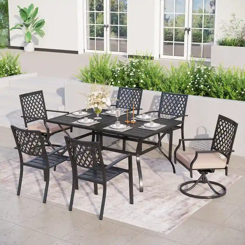 MAISON ARTS 7-Piece Patio Dining set with 1 Rectangle Steel Table, 2 Swivel Chairs and 4 Stackable Chairs