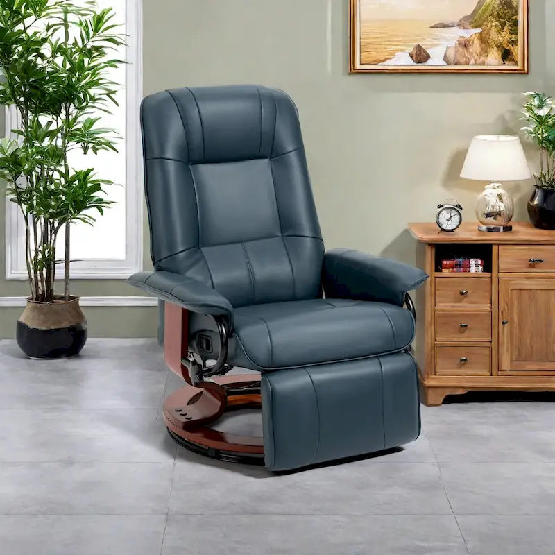 Faux Leather Manual Swivel Recliner Chair with Footrest, Armrest and Wrapped Wood Base