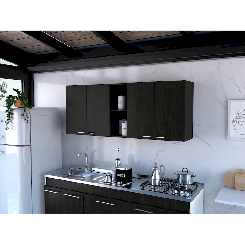 Portofino 150 Wall Cabinet with 2 Double Doors, Dish Rack, 2 Open Shelves, and 2 Inner Shelves - N/A