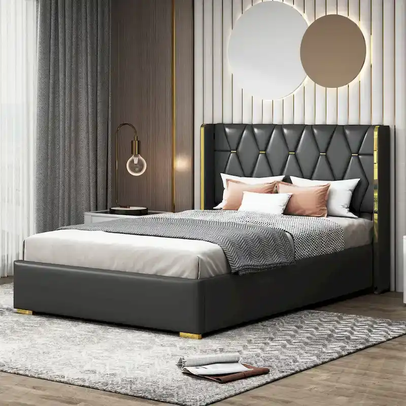 Black PU Upholstered Full Size Platform Bed with Metal Strip Detail – 1 or 2 Person