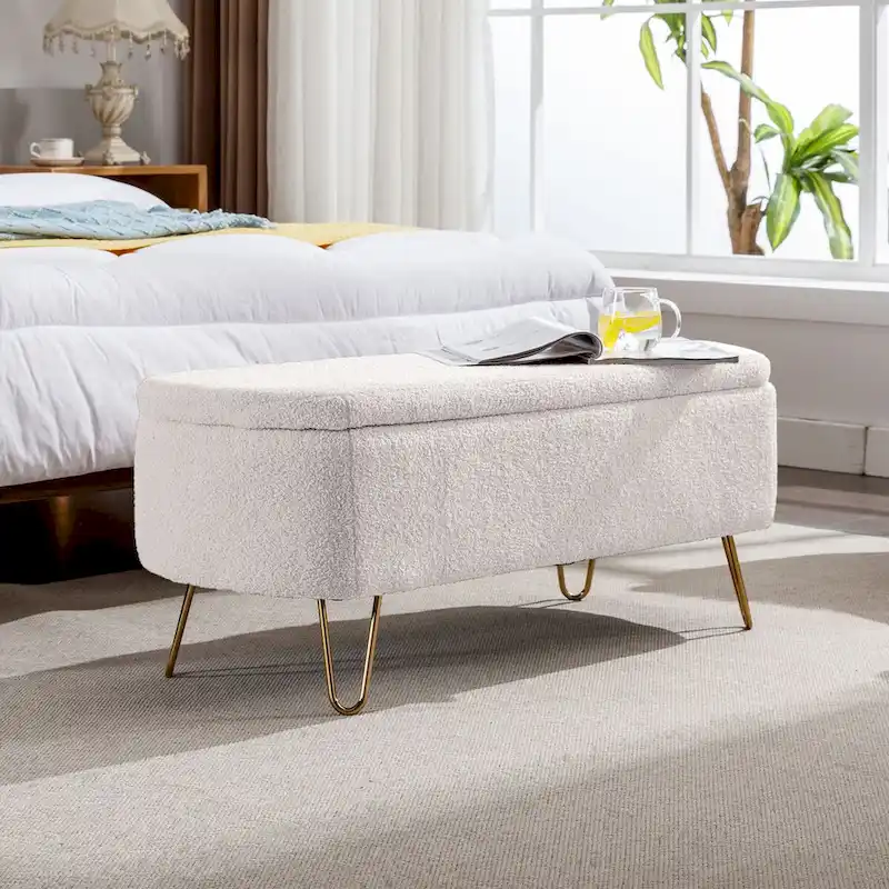 Storage Ottoman Bench for End of Bed Gold Legs, Modern Ivory White Faux Fur Entryway Bench Upholstered Padded with Storage