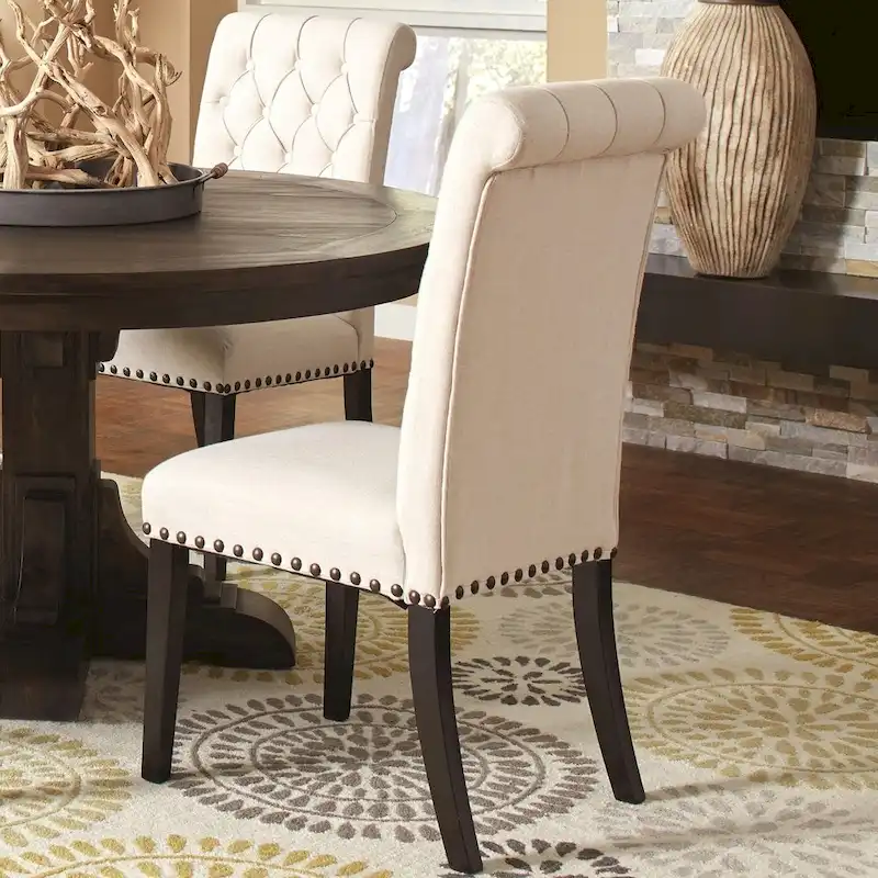 Decorative Rolled Back Button Tufted Dining Chairs with Nailhead Trim (Set of 2)