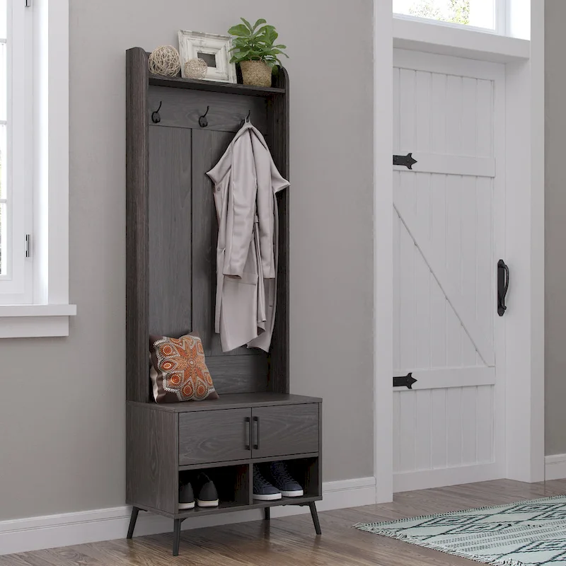 Woodbury Hall Tree with Entryway Bench, Shoe Storage, Coat Hooks & Cubby Storage - Weathered Woodgrain