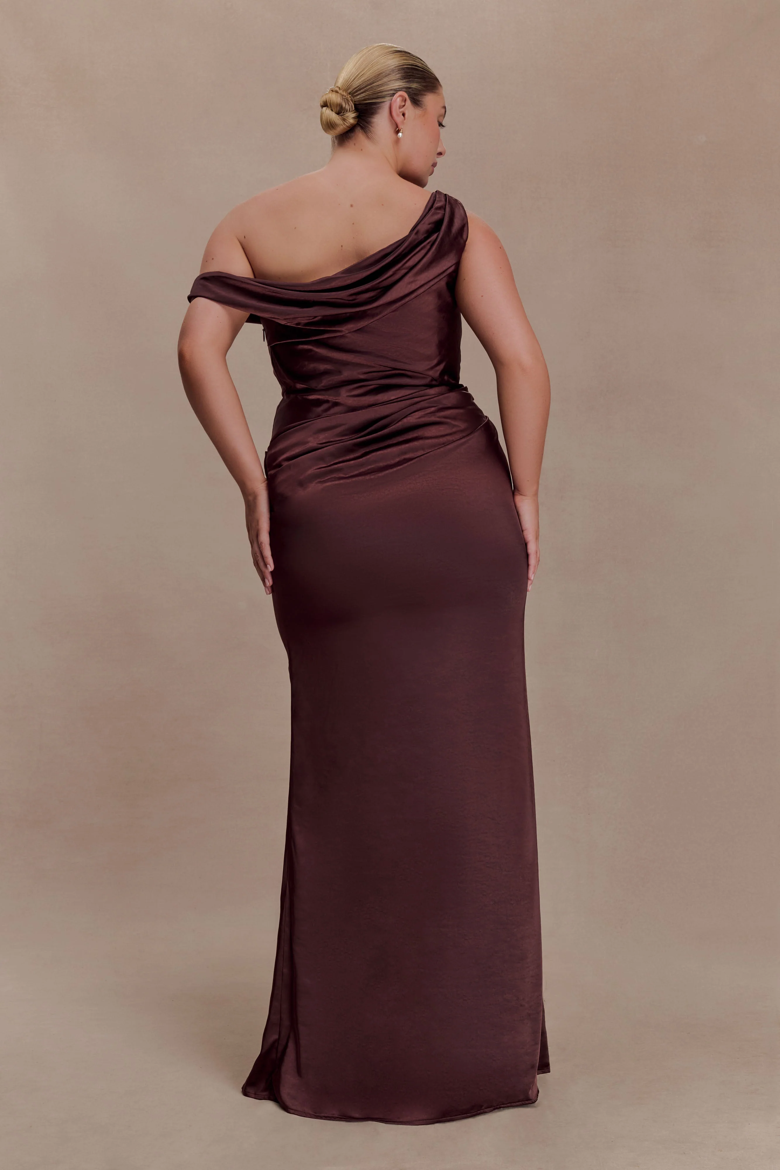 Dalia Off Shoulder Satin Maxi Dress - Dark Chocolate