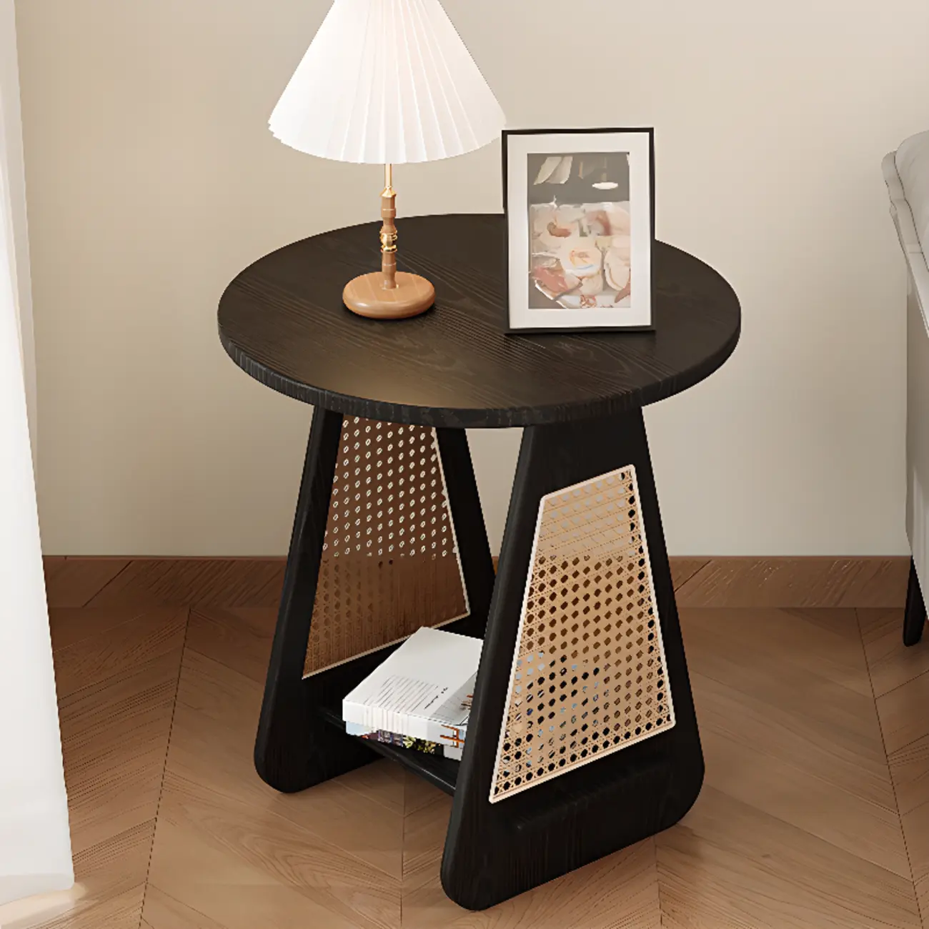 Mid-century Modern 2-tier Wood Side Table with Rattan Legs