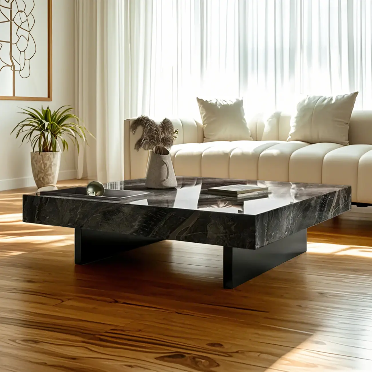 Modern Low Stone Square Coffee Table with Double Pedestal