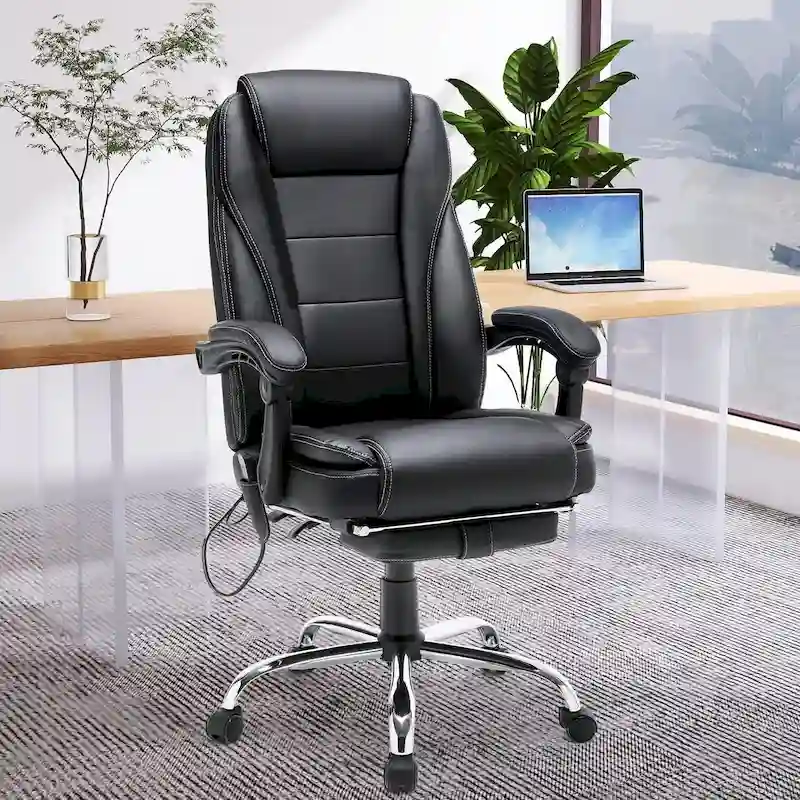 Ergonomic Heated Executive Office Chair with 2/4/6-Point Massage, Retractable Footrest, and PU Leather
