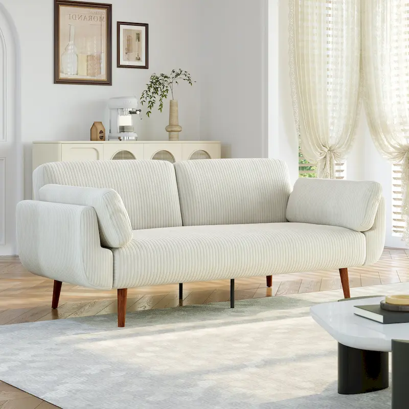 Convertible Loveseat Sofa Bed, Corduroy Fabric, Dual Recline Backrest, Sinuous Spring, Solid Wood & Metal Legs, Twin Size Bed, Beige / Khaki / Green / Navy / Gray, 2-Person Use