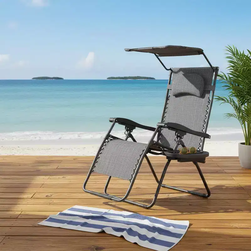 Gymax Portable Zero Gravity Reclining Chair with Folding Design Sunshade Canopy and Built-in Cup Holder Wine/Gray