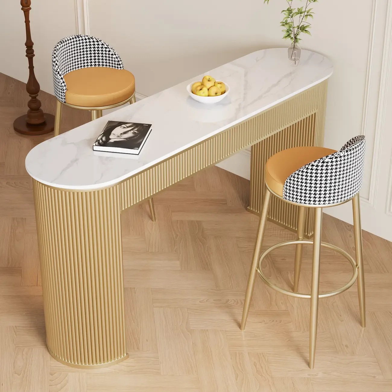 Modern White Stone Oblong Ribbed Iron Dual-Base Bar Tables
