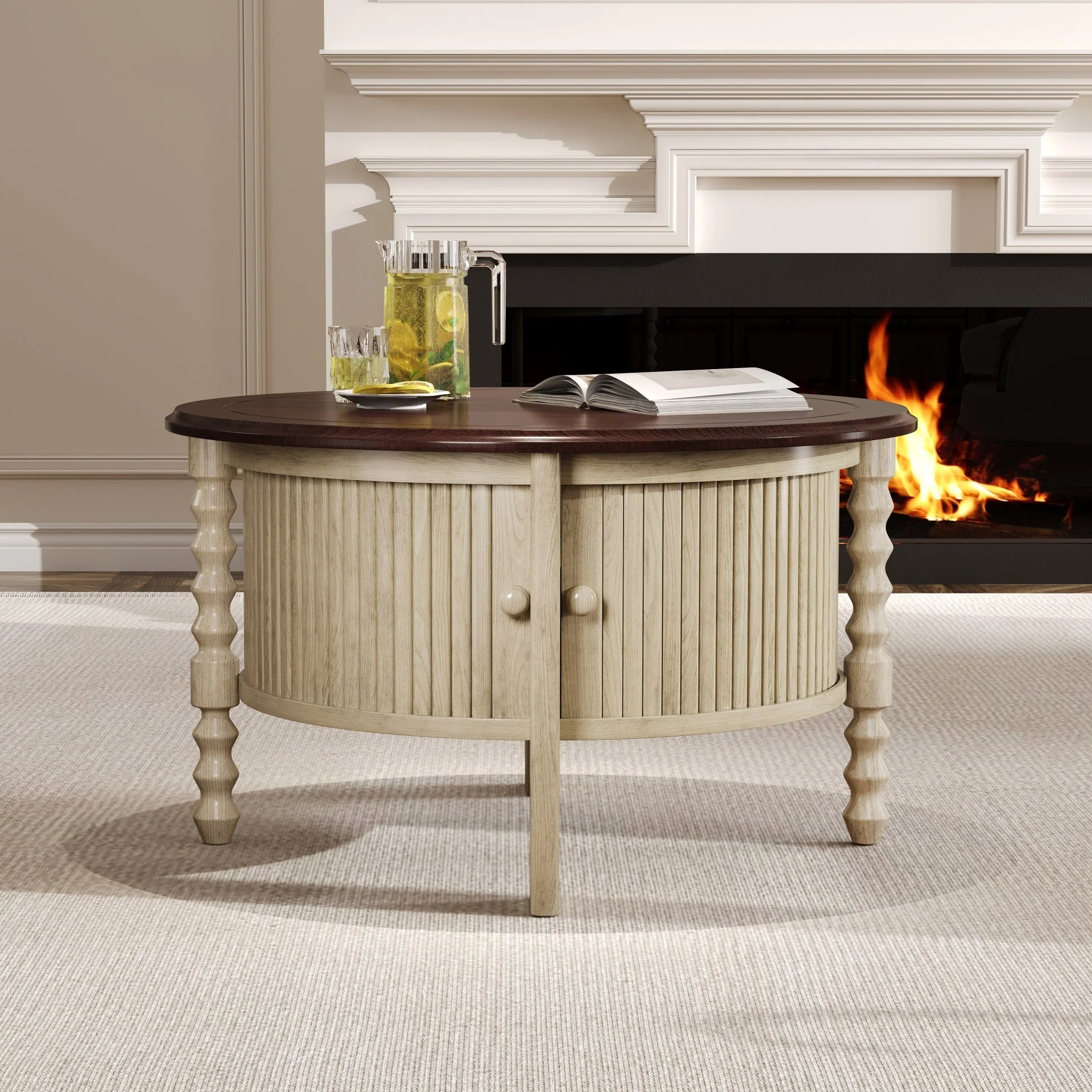 Traditional Design Round 30.3' Coffee Table with Storage Sliding Door