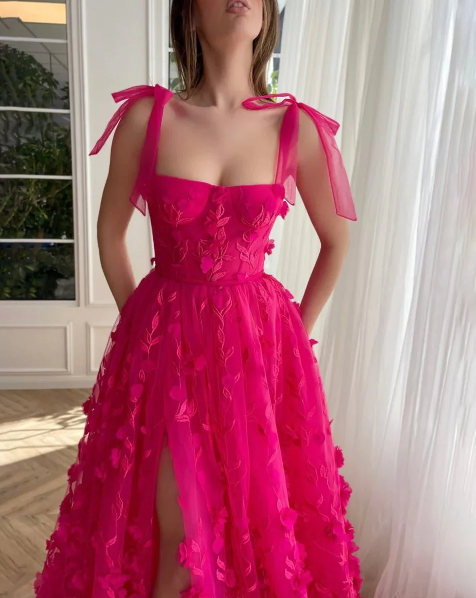 Fuchsia - Elegant A-line 3D Flower Tulle Prom Dress With Slit
