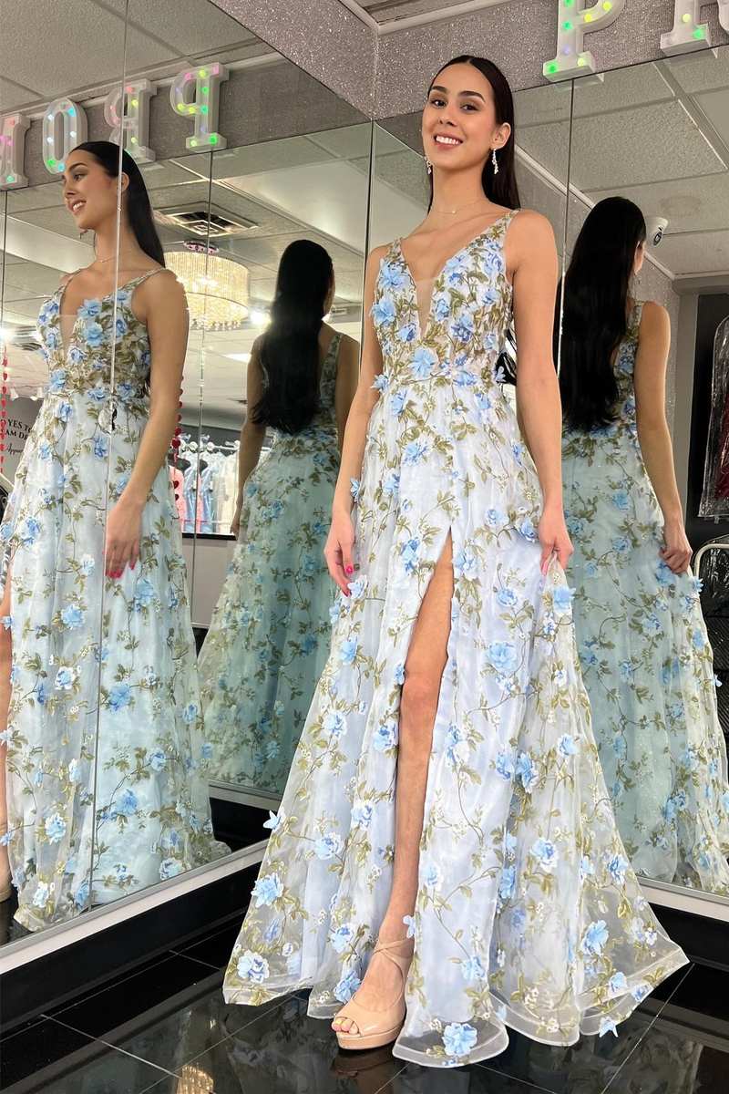Sky Blue Organza Plunge V A-Line Long Prom Dress with 3D Floral Lace