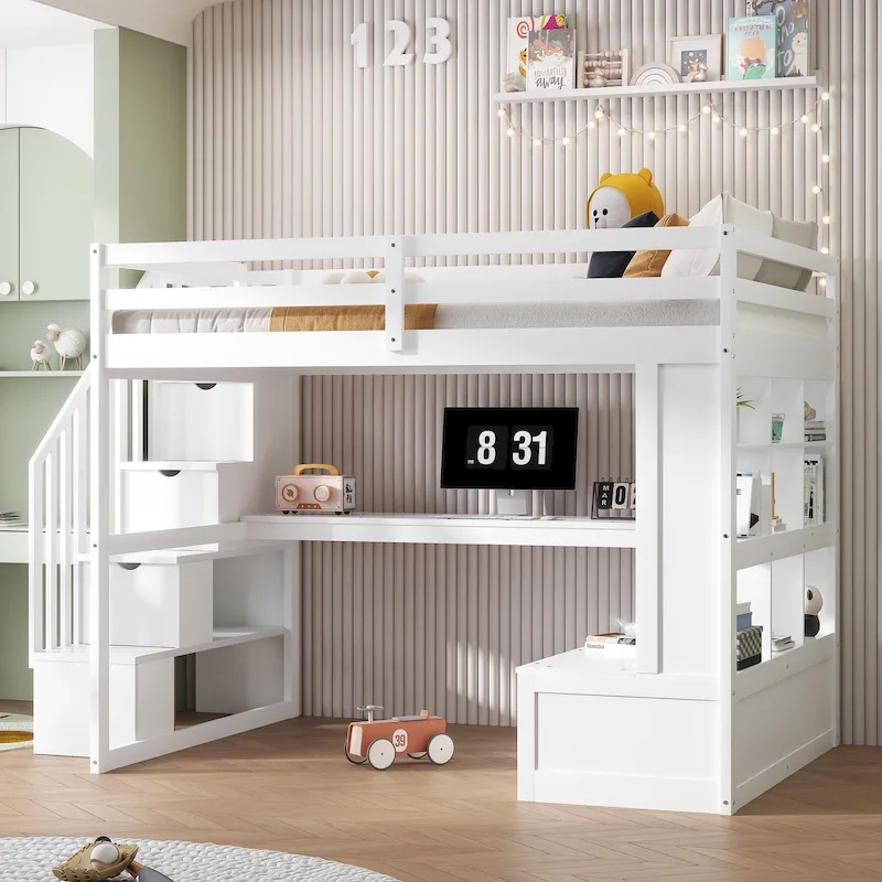 White Full Loft Bed with Desk, Shelves & Drawers, For 1