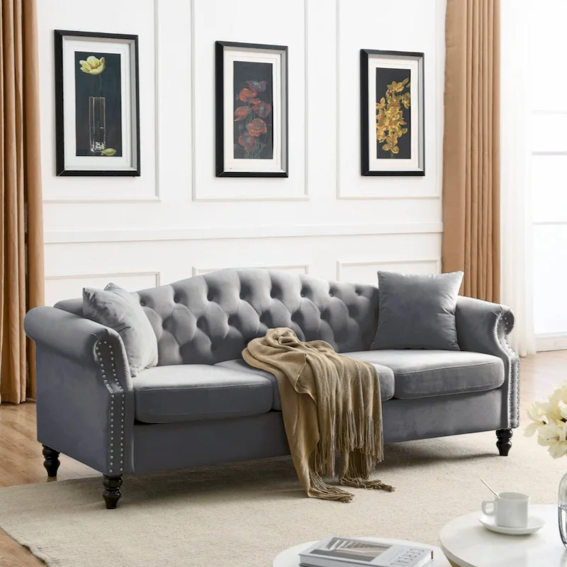 Velvet Chesterfield Sofa with Rolled Arms & Nailhead Trim – Grey / Beige, Button-Tufted, Seats 3