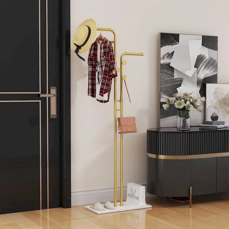 Gold & White Freestanding Coat Rack with Granite Base and 5 Hooks - Single Use