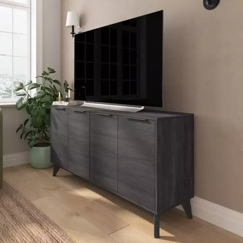 Merrick Lane Mid-Century Modern Four Door Buffet, TV Stand with Shelving
