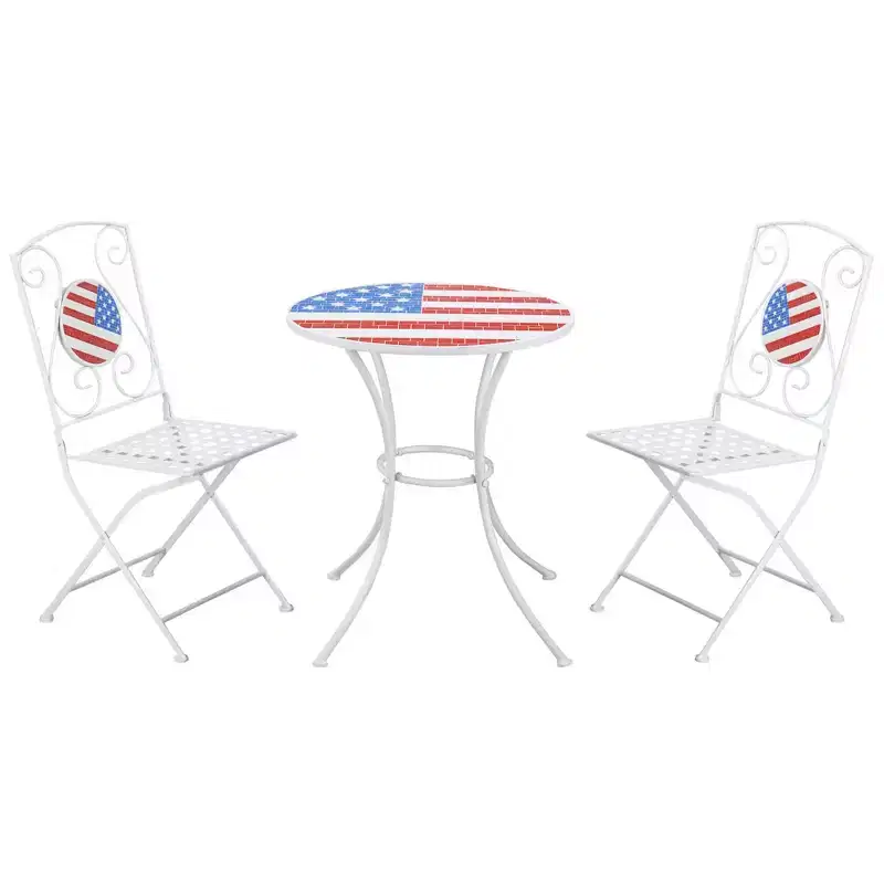 Outsunny 3 Piece Patio Bistro Set, Folding Outdoor Furniture with USA Mosaic Table and Chairs for 4th of July, Balcony, American Flag