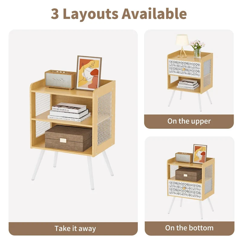 Wooden Bedside Table With Metal Legs Nightstand