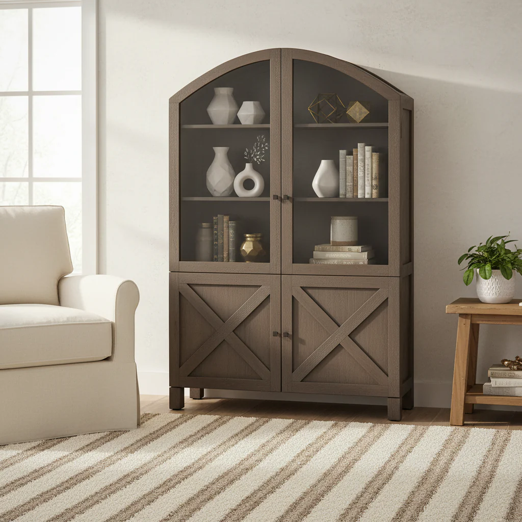 Dark Grey Solid Wood Display Cabinet with Glass Doors