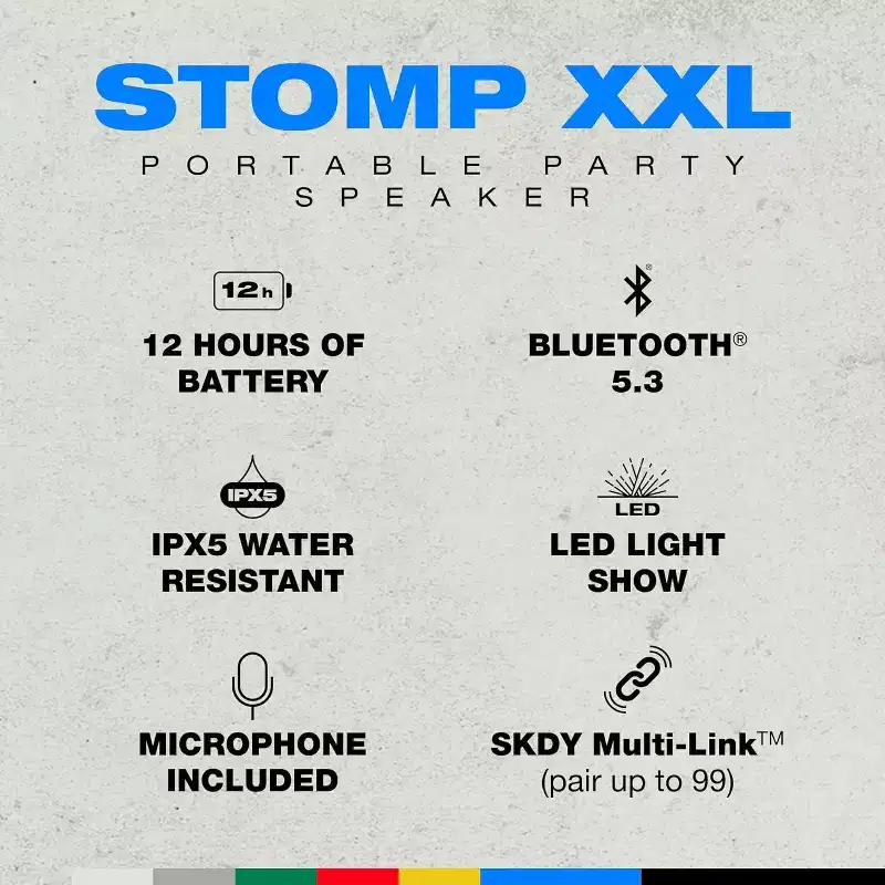 Skullcandy Stomp XXL Bluetooth Speaker, IPX5 Waterproof, LED Modes, 12Hr Battery, Multi-Link, Microphone Included, Wheels & Pop-Up Handle