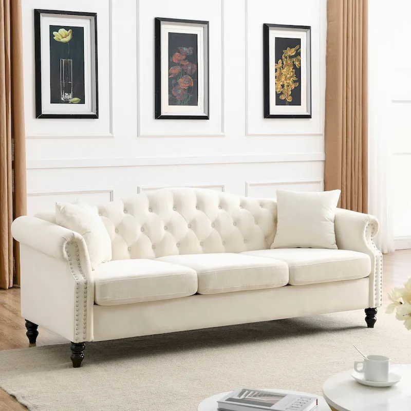 3-Seat Tufted Sofa with Rolled Arms and Nailhead Trim