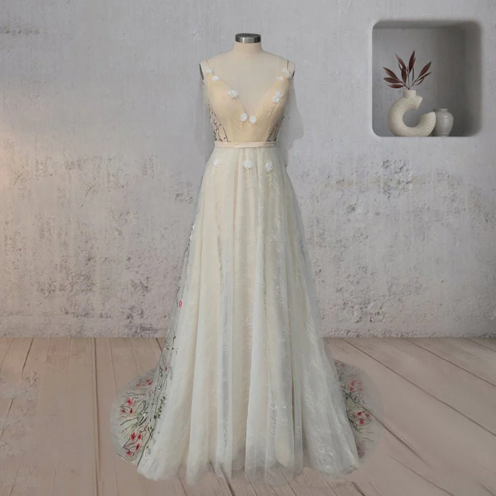 A-Line V Neck Sleeveless Floral Enchantment Boho Wedding Dress