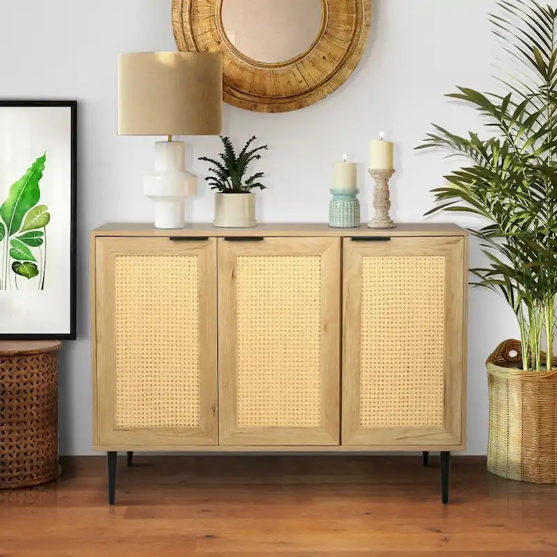 Wooden Storage Cabinet with 3 Rattan Doors and 3 Shelves