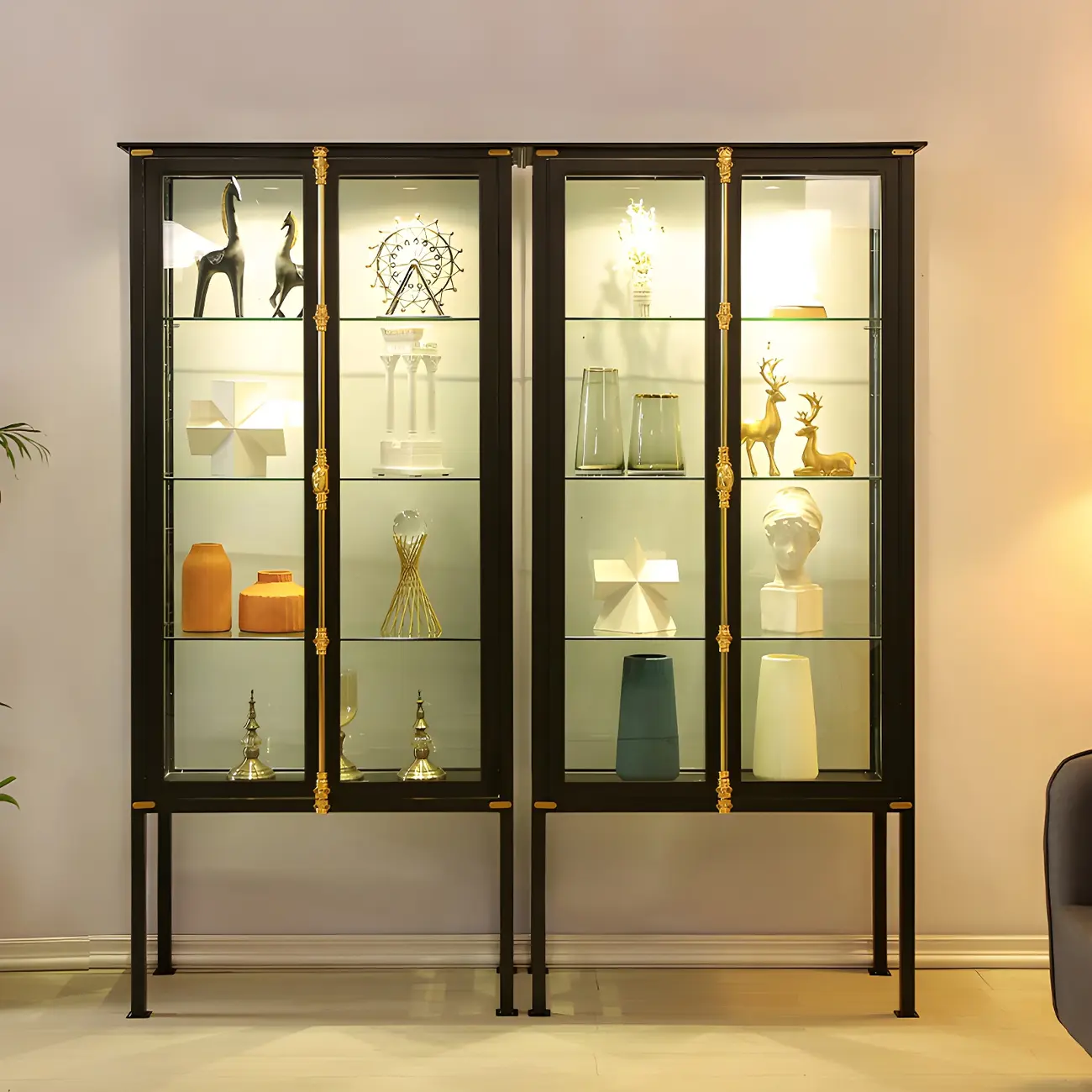 Black Metal Glass Shelves Display Cabinet with Lights