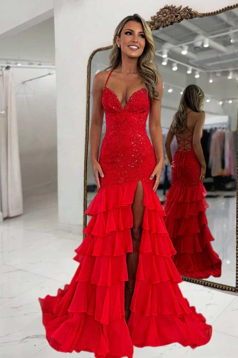 Red - Spaghetti Straps Mermaid Lace Appliqued Prom Dresses With Ruffles