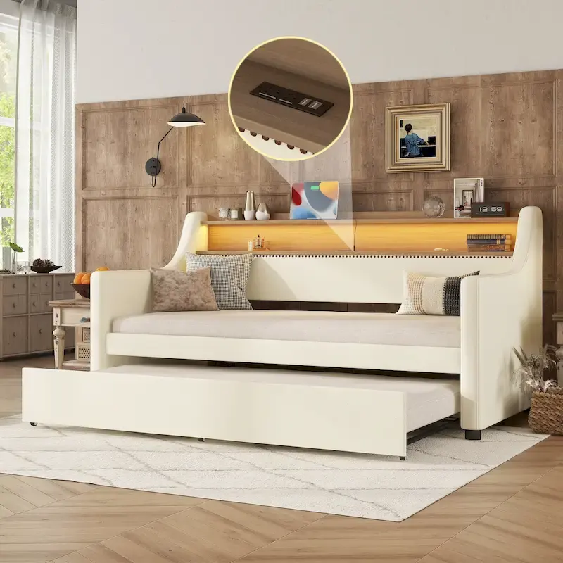 Twin Size Upholstered Daybed with Trundle, LED Lights & Charging Station