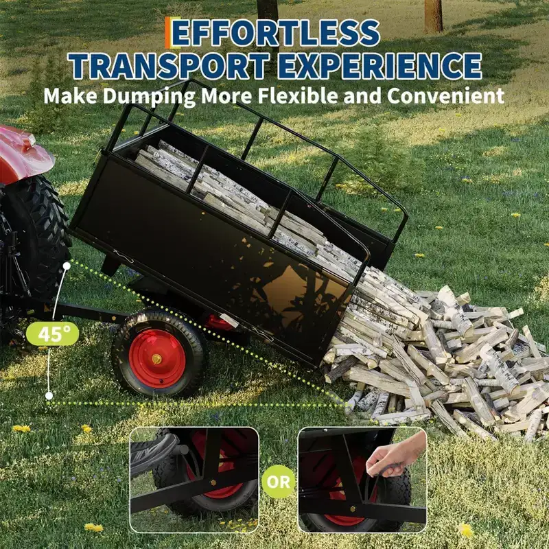 Dump Cart, Utility Trailer  ATV UTV Tow Behind Dump Cart, 1600 lbs Capacity 22 Cubic Feet Heavy Duty Yard Garden Trailer with Removable Sides