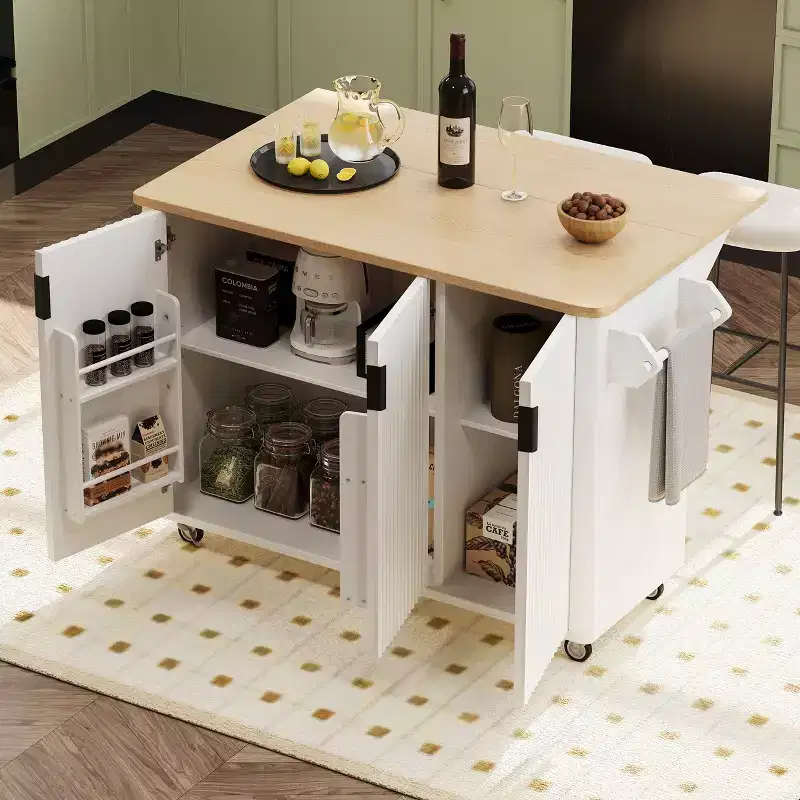 Rolling Solid Wood Kitchen Island with Rubberwood Top, 3 Drawers, 2 Cabinets, Adjustable Shelves, Spice Rack & Locking Wheels  Painted Finish