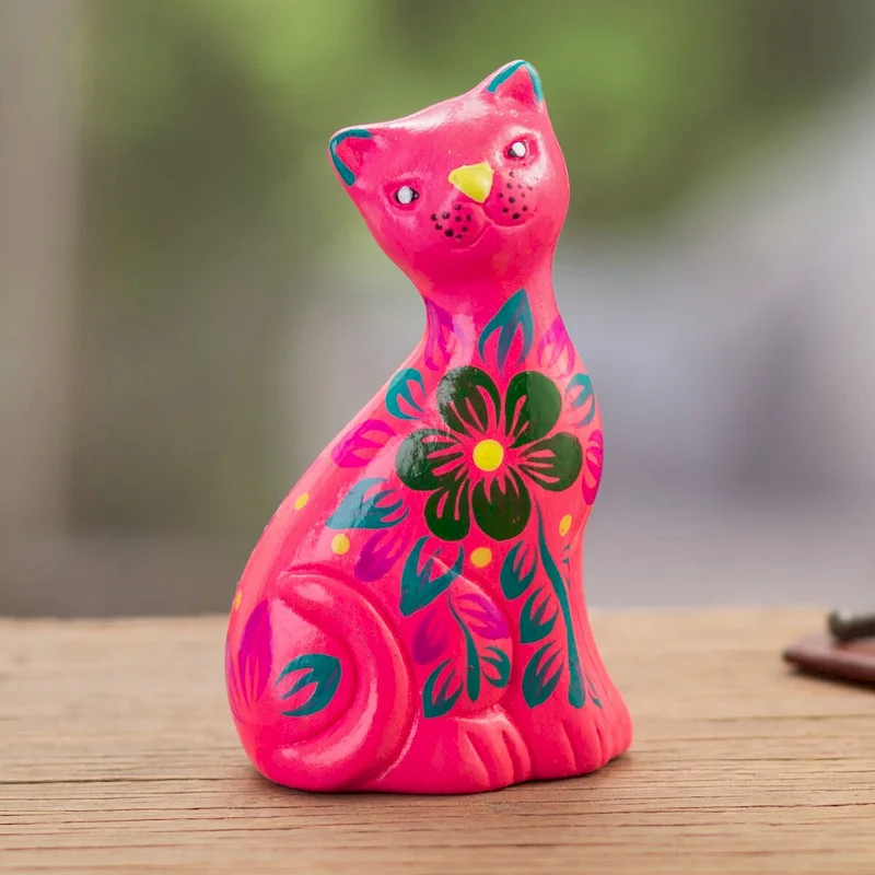 Novica Handmade Sweet Cat In Pink Ceramic Figurine
