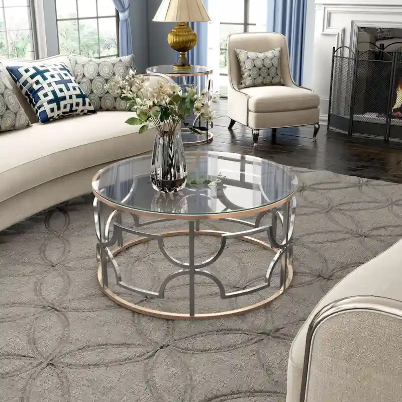 DH BASIC Modern Style Chrome and Gold Round Open Coffee Table by Denhour